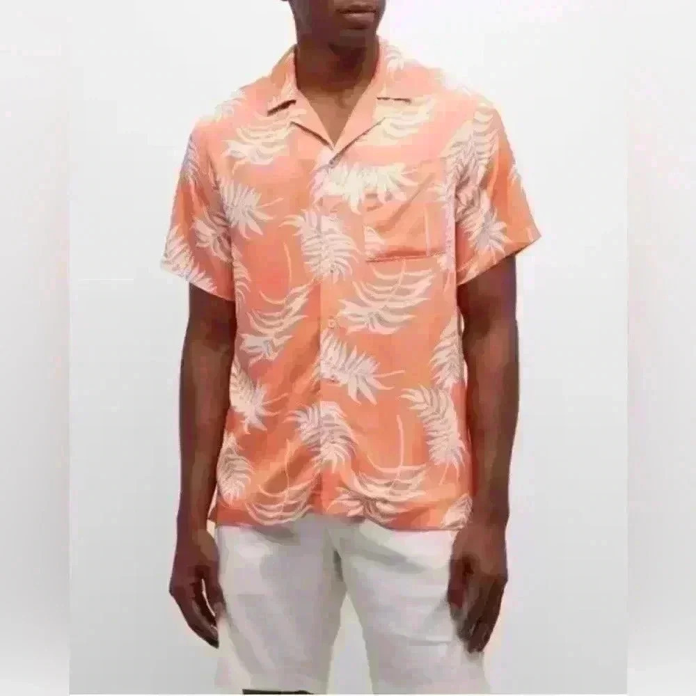 Onia Cotton Camp Shirt Palm orange white sz Medium M‎